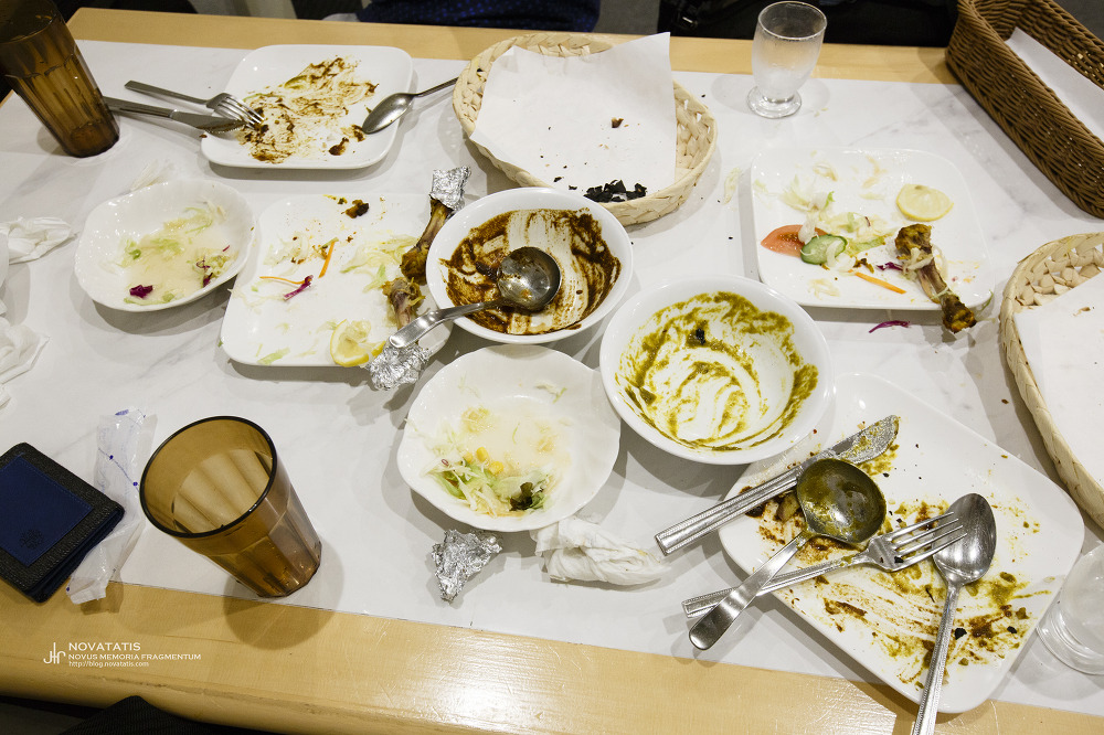 Table covered in dirty plates,