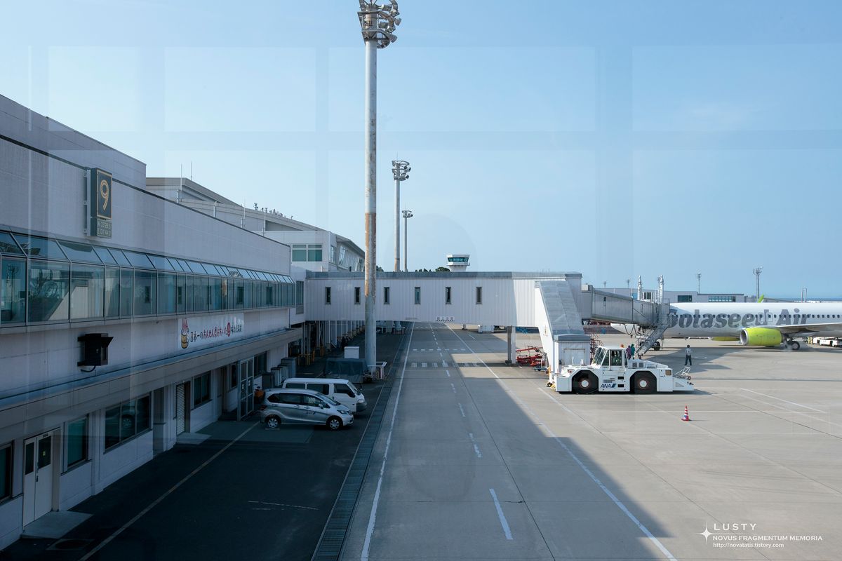 공항 여객기 탑승교와 활주로