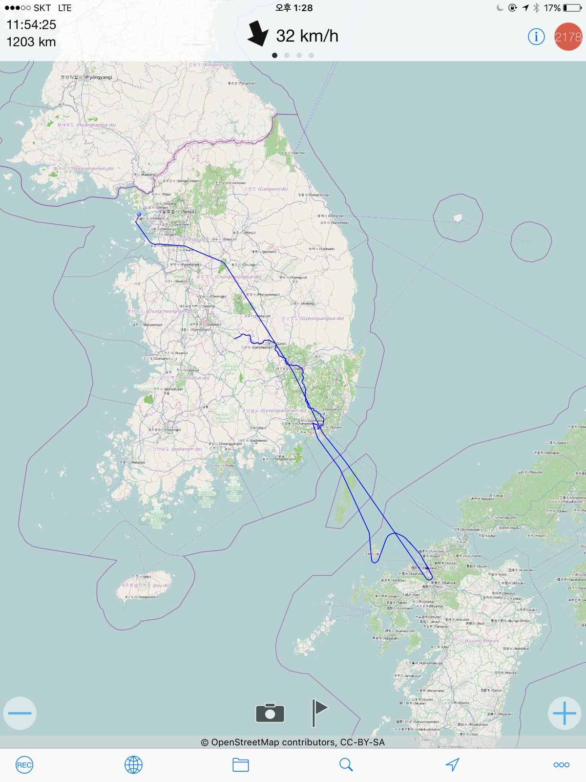 한반도와 제주 주변 항공 경로를 보여주는 지도