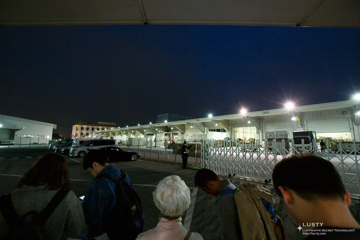 야간 공항 계류장에서 줄 선 승객들