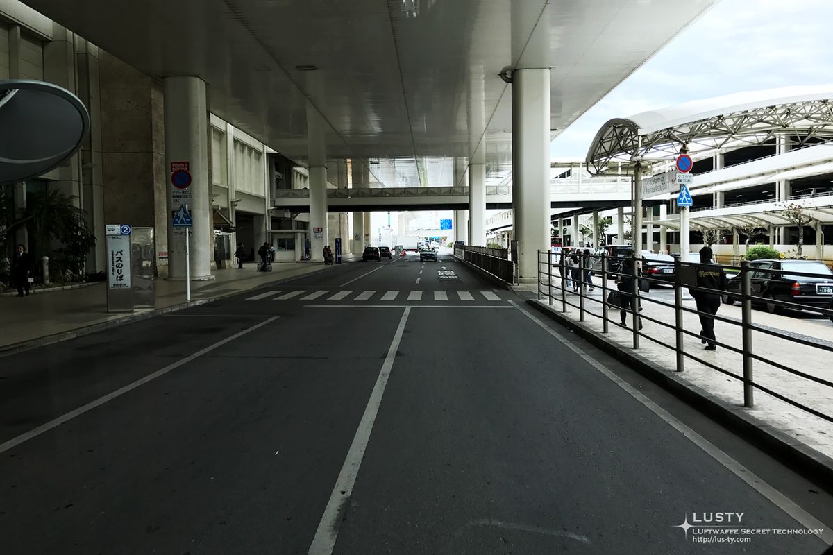 공항 출입구 앞 차도와 보행자들