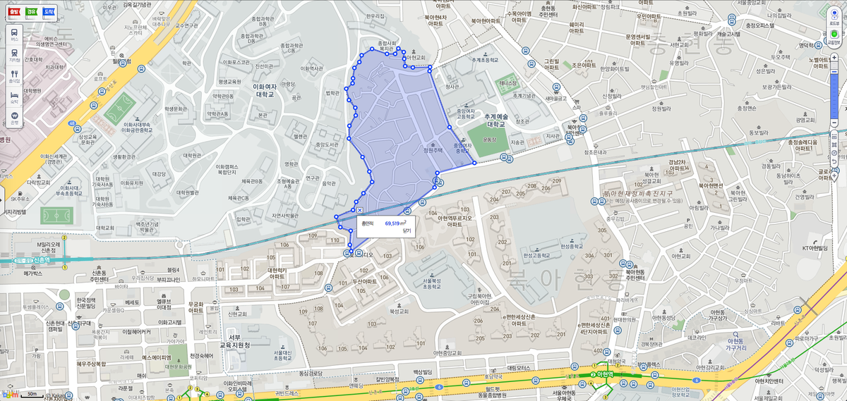 지하철 선과 주변 건물 표시한 지도