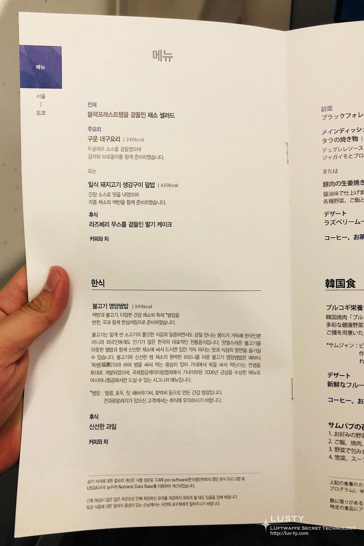 비행기 기내 식사 메뉴를 들고 있는 손