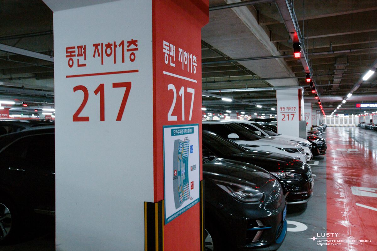 주차장 지하1층 기둥에 217 표시