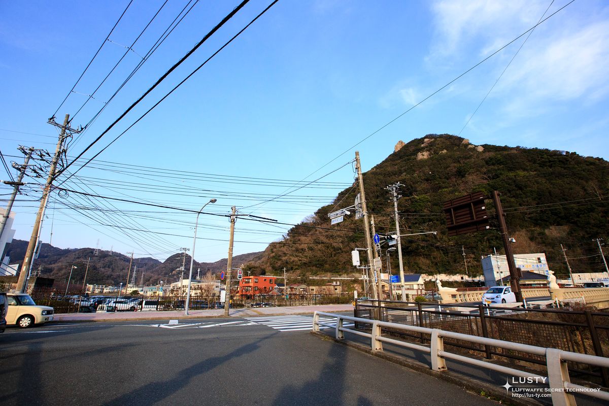 전봇대 뒤 산과 도로