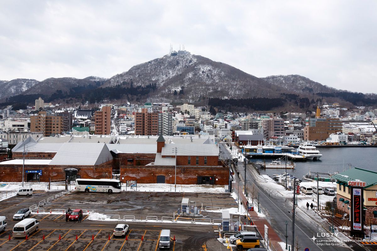 산과 항구, 주차장이 보이는 시가지
