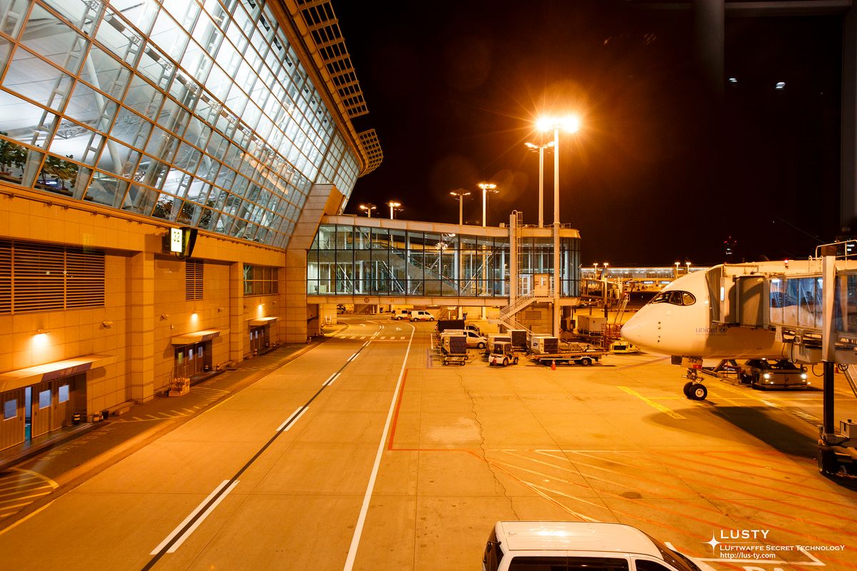 공항 탑승구와 야간 활주장 주변