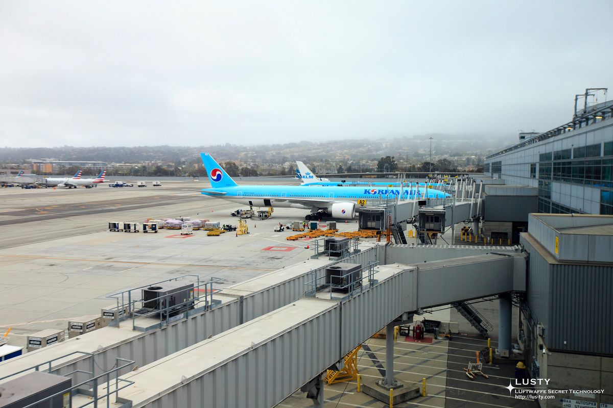 공항 탑승교에 정차한 대한항공 여객기