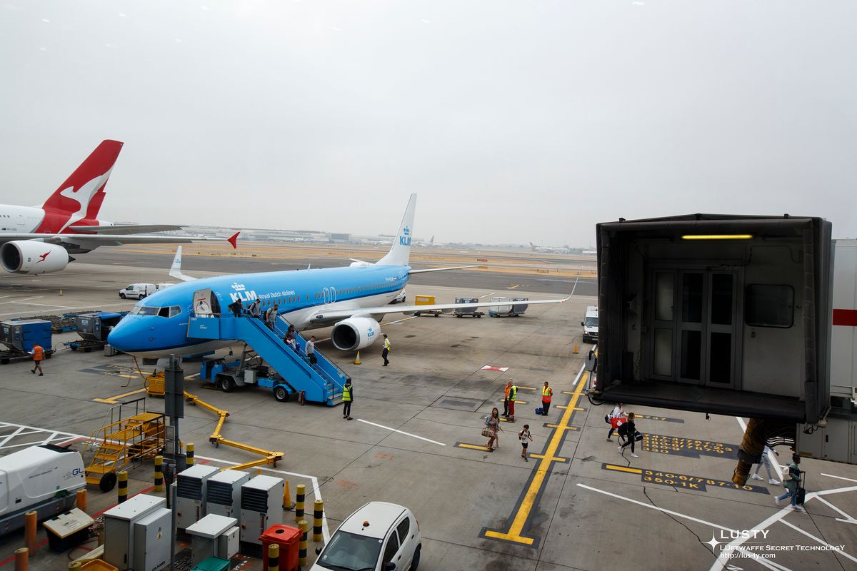 KLM 비행기 앞 활주로 계단