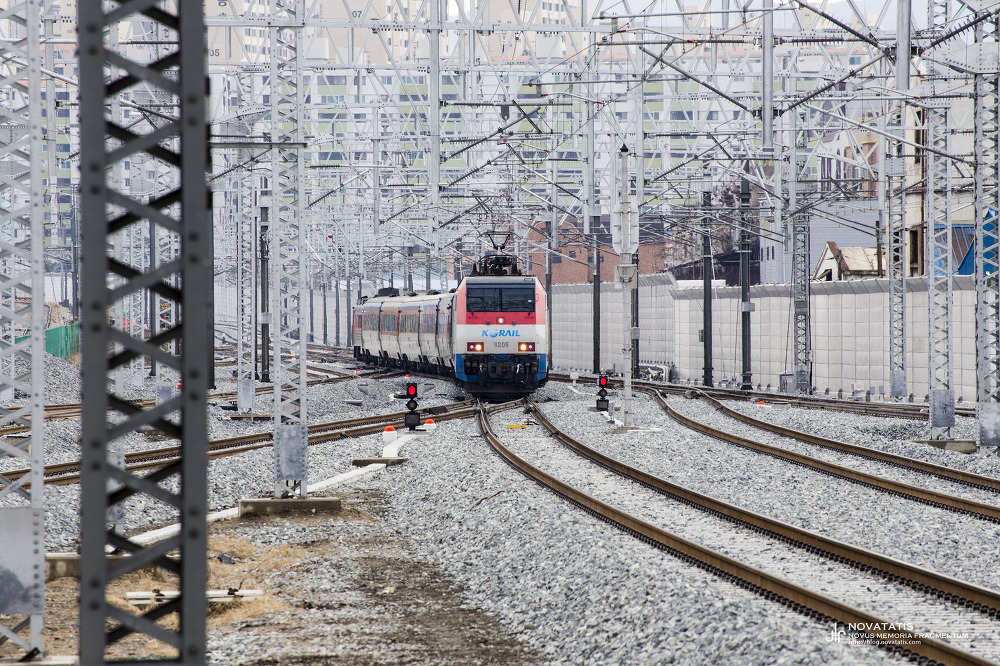 KORAIL 열차가 철길을 따라 들어오는 장면
