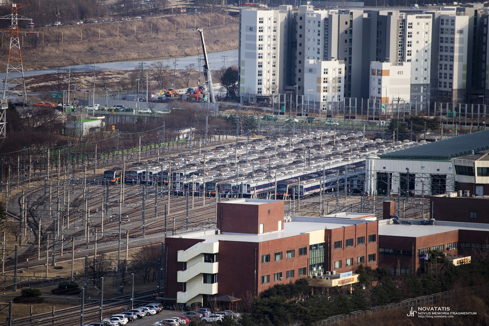 Apartment buildings and train